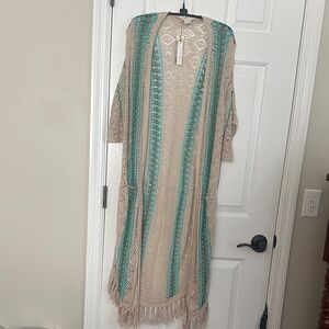 Chico's Beige and Teal Knit Cardigan